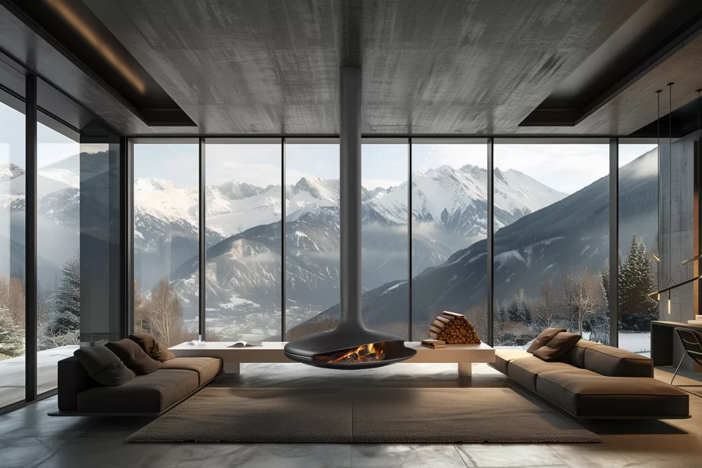 Fireplace photo with AI render of space.